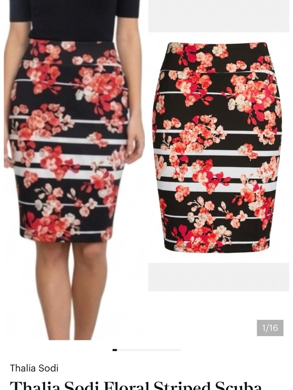 Thalia Sodi Black Floral Striped Pencil Skirt with Red and Cream Blooms